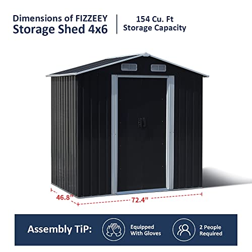 FIZZEEY 6' x 4' Outdoor Storage Shed Metal Garden Sheds w/Lockable Doors for Backyard Patio Lawn, Black