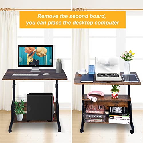 Laptop Desk Adjustable Desk Small Standing Desk Home Office Desks for Small Spaces Portable Desk Table for Bedrooms, 31.5" Rustic Uplift Study Desk Mobile Rolling Computer Work Desk on Wheels (Rustic)