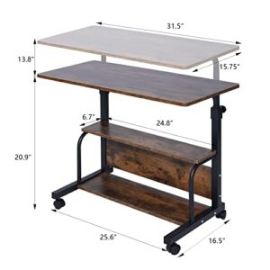 Laptop Desk Adjustable Desk Small Standing Desk Home Office Desks for Small Spaces Portable Desk Table for Bedrooms, 31.5" Rustic Uplift Study Desk Mobile Rolling Computer Work Desk on Wheels (Rustic)