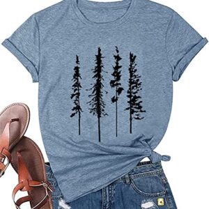 Women Funny Pine Tree Shirt Camping Graphic Short Sleeve Tops Novelty Casual Round Neck Hiking Loose Fit Tshirt,Ink Blue M