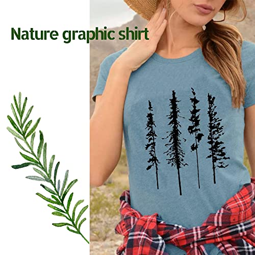 Women Funny Pine Tree Shirt Camping Graphic Short Sleeve Tops Novelty Casual Round Neck Hiking Loose Fit Tshirt,Ink Blue M