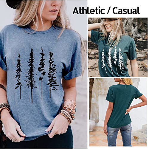 Women Funny Pine Tree Shirt Camping Graphic Short Sleeve Tops Novelty Casual Round Neck Hiking Loose Fit Tshirt,Ink Blue M