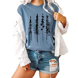 Women Funny Pine Tree Shirt Camping Graphic Short Sleeve Tops Novelty Casual Round Neck Hiking Loose Fit Tshirt,Ink Blue M