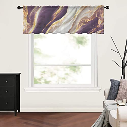 ZOE GARDEN Marble Purple Valance Curtains for Kitchen/Living Room/Bathroom/Bedroom Window, Rod Pocket Small Topper Half Short Window Curtains Voile Sheer Scarf, Abstract Gold White Modern Art 54"x18"