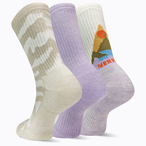 Merrell -men's and -women's Lightweight Wool Everyday Hiking Crew Socks-3 Pair Pack-Arch Support and Moisture Wicking, White, Small-Medium