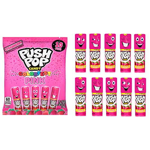 Push Pop Pink Colorfest - Pink Strawberry Lollipops Bulk Candy - 10 Count Individually Wrapped Fruity Lollipops - Strawberry Candy for Party Favors, Care Packages, and Back To School Treats