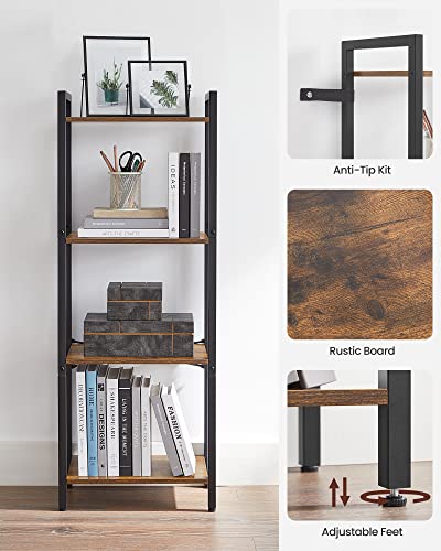 VASAGLE 4-Tier Bookshelf, Small Bookcase, Narrow Book Shelf for Small Space, 9.4 x 15.7 x 42.1 Inches, for Living Room, Office, Study, Entryway, Industrial Style, Rustic Brown and Black ULLS099B01