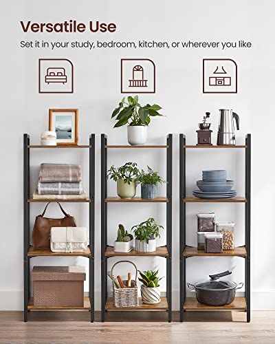 VASAGLE 4-Tier Bookshelf, Small Bookcase, Narrow Book Shelf for Small Space, 9.4 x 15.7 x 42.1 Inches, for Living Room, Office, Study, Entryway, Industrial Style, Rustic Brown and Black ULLS099B01