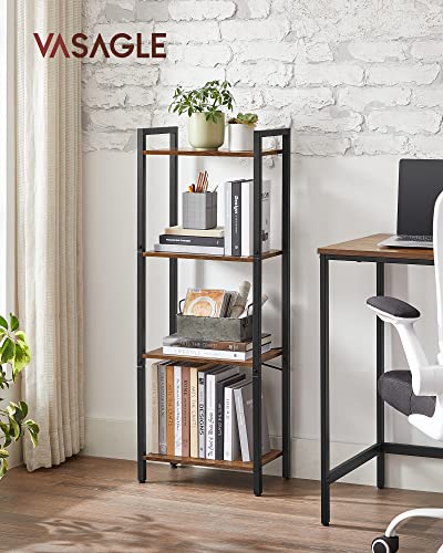 VASAGLE 4-Tier Bookshelf, Small Bookcase, Narrow Book Shelf for Small Space, 9.4 x 15.7 x 42.1 Inches, for Living Room, Office, Study, Entryway, Industrial Style, Rustic Brown and Black ULLS099B01