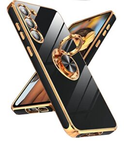 leyi for samsung galaxy s23 case 360° rotatable ring holder magnetic kickstand, plating rose gold edge protective case, black