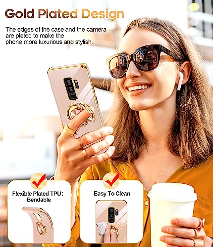 LeYi for Samsung Galaxy S9 Plus Case: 360° Rotatable Ring Holder Magnetic Kickstand [ Not Applicable Samsung S9 ], Plating Rose Gold Edge Protective Case, Pink