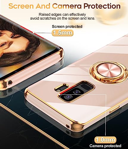 LeYi for Samsung Galaxy S9 Plus Case: 360° Rotatable Ring Holder Magnetic Kickstand [ Not Applicable Samsung S9 ], Plating Rose Gold Edge Protective Case, Pink