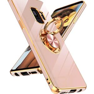 LeYi for Samsung Galaxy S9 Case with 360° Rotatable Ring Holder Magnetic Kickstand, Plating Rose Gold Edge Protective Case for Women and Girls, Pink