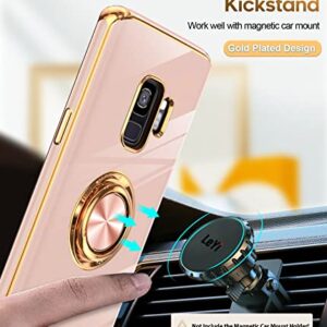 LeYi for Samsung Galaxy S9 Case with 360° Rotatable Ring Holder Magnetic Kickstand, Plating Rose Gold Edge Protective Case for Women and Girls, Pink