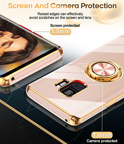 LeYi for Samsung Galaxy S9 Case with 360° Rotatable Ring Holder Magnetic Kickstand, Plating Rose Gold Edge Protective Case for Women and Girls, Pink