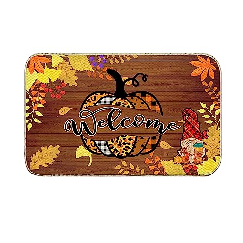 Fall Door Mat, Pumpkin Welcome Mats Outdoor for Front Door, Gnome Maple Leaves Sunflower Non Slip Farmhouse Autumn Doormat Indoor Entryway Floor Rug for Entrance Outside Entry Home Decor 17”x29”