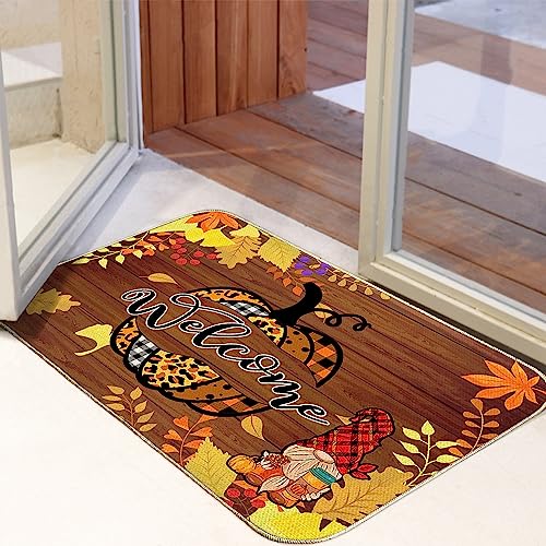 Fall Door Mat, Pumpkin Welcome Mats Outdoor for Front Door, Gnome Maple Leaves Sunflower Non Slip Farmhouse Autumn Doormat Indoor Entryway Floor Rug for Entrance Outside Entry Home Decor 17”x29”