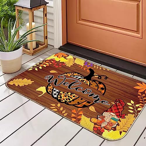 Fall Door Mat, Pumpkin Welcome Mats Outdoor for Front Door, Gnome Maple Leaves Sunflower Non Slip Farmhouse Autumn Doormat Indoor Entryway Floor Rug for Entrance Outside Entry Home Decor 17”x29”