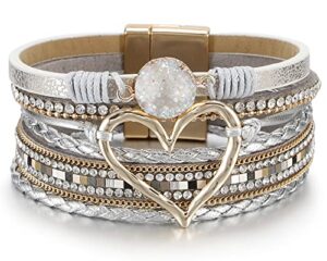 fesciory leopard bracelet for women, boho leather wrap multi-layer pearl crystal bracelet bangle jewelry (b33:heart leather(silver))