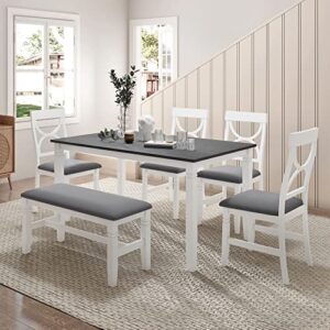 lumisol 6 piece dining table set farmhouse style soild wood kitchen dining set with chairs and bench for 6 persons, rectangle table with upholstered chair and bench, gray+white