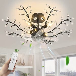 teyeard 31'' ceiling fans with lights, modern crystal flower bladeless ceiling fan and remote, 6 speeds and timing low profile ceiling fan with lights for bedroom living room