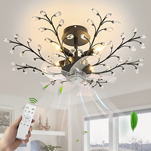 teyeard 31'' Ceiling Fans with Lights, Modern Crystal Flower Bladeless Ceiling Fan and Remote, 6 Speeds and Timing Low Profile Ceiling Fan with Lights for Bedroom Living Room