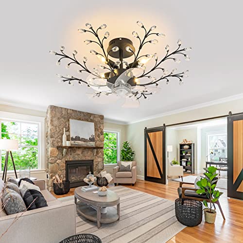 teyeard 31'' Ceiling Fans with Lights, Modern Crystal Flower Bladeless Ceiling Fan and Remote, 6 Speeds and Timing Low Profile Ceiling Fan with Lights for Bedroom Living Room