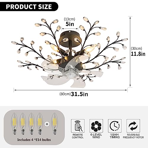 teyeard 31'' Ceiling Fans with Lights, Modern Crystal Flower Bladeless Ceiling Fan and Remote, 6 Speeds and Timing Low Profile Ceiling Fan with Lights for Bedroom Living Room