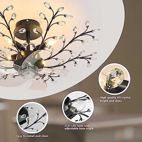 teyeard 31'' Ceiling Fans with Lights, Modern Crystal Flower Bladeless Ceiling Fan and Remote, 6 Speeds and Timing Low Profile Ceiling Fan with Lights for Bedroom Living Room