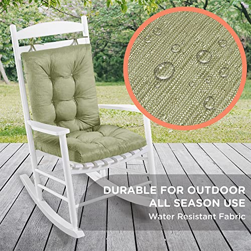 Rocking Chair Cushion, Indoor Outdoor Rocker Cushions Set, Water Resistant Seat Pads with High Back, 2 Piece Lower No Slip/Upper with Ties, Memory Foam Added Sage