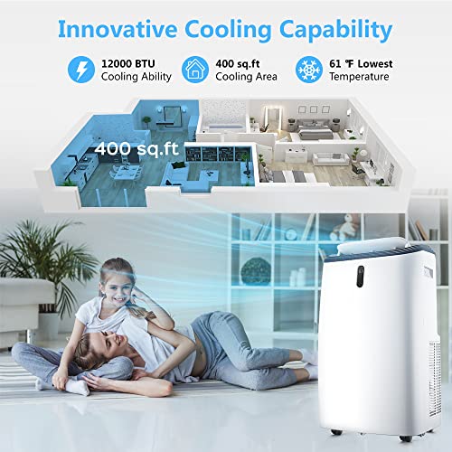 Rintuf 12000 BTU Portable Air Conditioner, Cools Rooms up to 550 Sq.ft, Portable AC with Dehumidifier & Fan & Smart Timer, with Handy Remote, Washable Filter, Universal Wheels, Window Kit