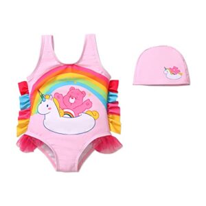 patpat care bears baby girls one piece swimsuit infant ruffle trim swimwear cute bear print bathing suit and cap light pink 6-9 months