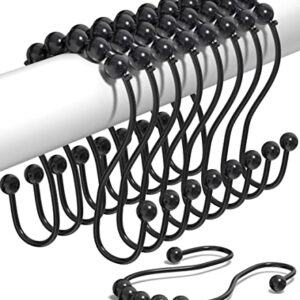 Black Shower Curtain Hooks Rust Proof (Set of 12) - Stainless Steel Black Shower Curtain Rings - Balance Sliding Roller Balls for Easy Glide & Install - Black Shower Hooks for Shower Curtain (Black)