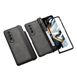 baili samsung galaxy z fold4 leather case with s pen holder & screen protector,integrated shell and membrane galaxy z fold4 case,360° all-inclusive cover attached kickstand for galaxy z fold 4 grey