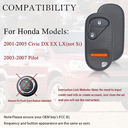 Key Fob Remote Replacement Fits for Honda Civic 2001 2002 2003 2004 2005 / Honda Pilot 2003 2004 2005 2006 2007 NHVWB1U523 / NHVWB1U521 Keyless Entry Remote Control 72147-S5A-A01