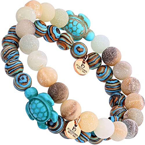 POLLDAN Sea Turtle Bracelet | Sea Turtle Gifts For Women | Turtle Bracelet Turquoise | Charm Beaded Bracelets | Chakra Bracelets | Womens Jewelry | Beads Adjustable Bracelet | (Sand)