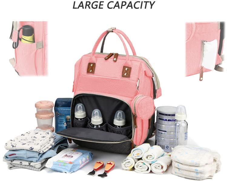 TUTCHY Baby Diaper Bag Backpack With Changing Station Pad, 3 In 1 Diaper Backpack For Dads and Mums, Large Waterproof Travel bag (Pink)