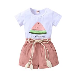 aimaopao toddler baby girls summer clothes watermelon print t-shirt linen short sets with belt outfits for 1-5 years old (watermelon pink, 3-4t)