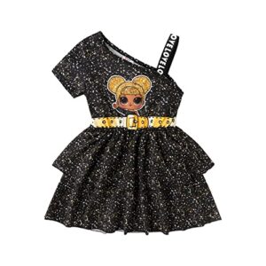 l.o.l. surprise! girls tiered dress figure print layered one shoulder casual dress flowy dress size 6-12 black 8-9 years