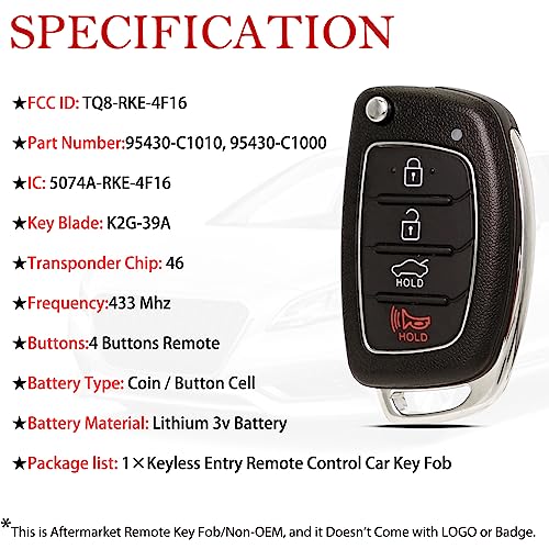 Car FILP Key Fob Remote Replacement Fits for Hyundai Sonata 2014 2015 2016 2017 TQ8-RKE-4F16 Keyless Entry Remote Control 95430-C1010 95430-C1000 46chip