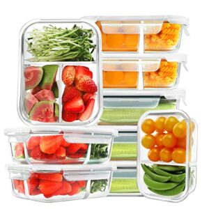 homberking 9 pack glass meal prep containers 3 & 2 & 1 compartment, glass food storage containers with lids, airtight glass lunch bento boxes, bpa-free & leak proof (9 lids & 9 containers) - white