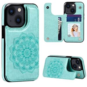 designed for iphone 13 case with card holder,slim flip cover for woman mandala emboss pu leather with kickstand credit card slots magnetic clasp wallet phone case for iphone 13,6.1 inch (mint)