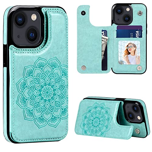 Designed for iPhone 13 Case with Card Holder,Slim Flip Cover for Woman Mandala Emboss PU Leather with Kickstand Credit Card Slots Magnetic Clasp Wallet Phone Case for iPhone 13,6.1 Inch (Mint)