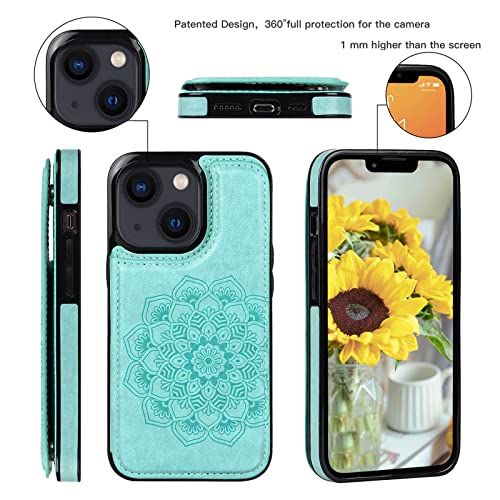 Designed for iPhone 13 Case with Card Holder,Slim Flip Cover for Woman Mandala Emboss PU Leather with Kickstand Credit Card Slots Magnetic Clasp Wallet Phone Case for iPhone 13,6.1 Inch (Mint)