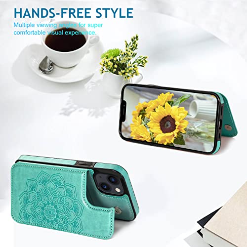 Designed for iPhone 13 Case with Card Holder,Slim Flip Cover for Woman Mandala Emboss PU Leather with Kickstand Credit Card Slots Magnetic Clasp Wallet Phone Case for iPhone 13,6.1 Inch (Mint)