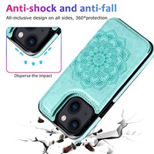 Designed for iPhone 13 Case with Card Holder,Slim Flip Cover for Woman Mandala Emboss PU Leather with Kickstand Credit Card Slots Magnetic Clasp Wallet Phone Case for iPhone 13,6.1 Inch (Mint)