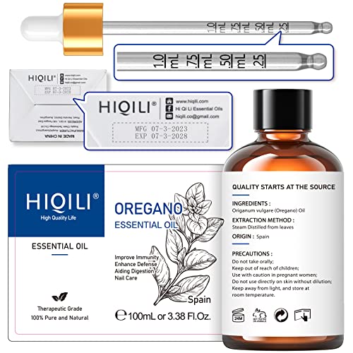 HIQILI Oregano Essential Oil (100ML), 100% Pure Natural Organic Oregano Oil for Diffuser, Skin Care, Body, Cleaning - 3.38 Fl Oz