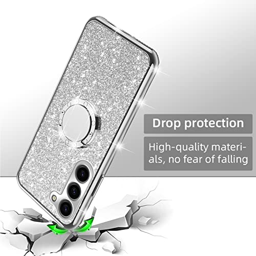 Phone Case for Galaxy S23 Plus (6.6-inch), for Samsung Galaxy S23 Plus 5G Case with Ring Kickstand Lanyard Bumper Shockproof Protection Case Cute Soft TPU Glitter Cover for Girls Women Men - Silver