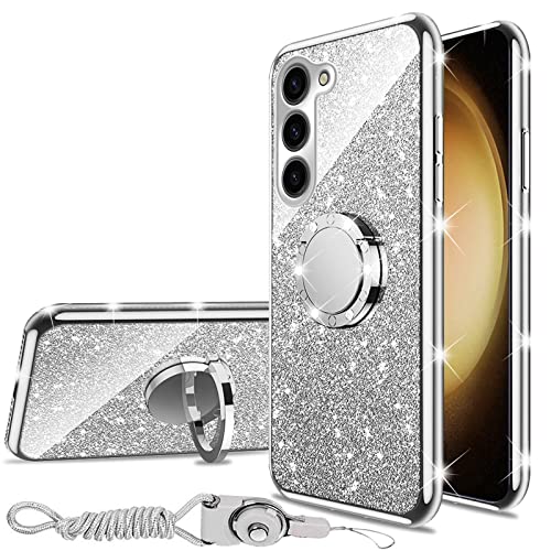 Phone Case for Galaxy S23 Plus (6.6-inch), for Samsung Galaxy S23 Plus 5G Case with Ring Kickstand Lanyard Bumper Shockproof Protection Case Cute Soft TPU Glitter Cover for Girls Women Men - Silver