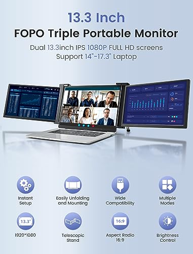 FOPO 13.3” Triple Laptop Screen Extender, FHD 1080P IPS Laptop Monitor Extender for 14”-17.3” Laptop, HDMI/USB-C Plug and Play Portable Monitor for Laptop -S16 Black